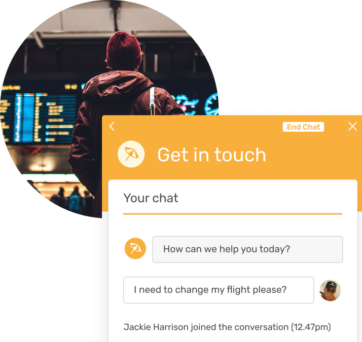 Live chat interface with person looking at flight board